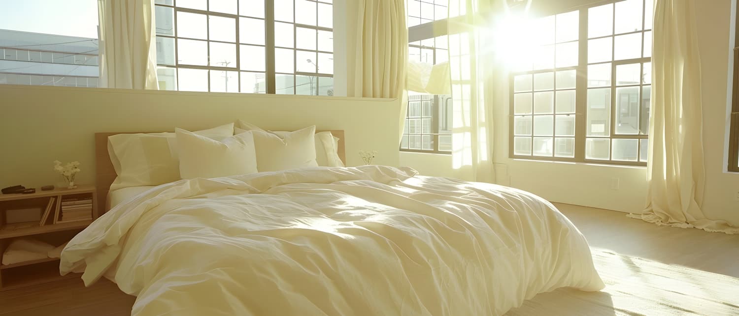 Calm contemporary bedroom with soft neutral bedding and morning light