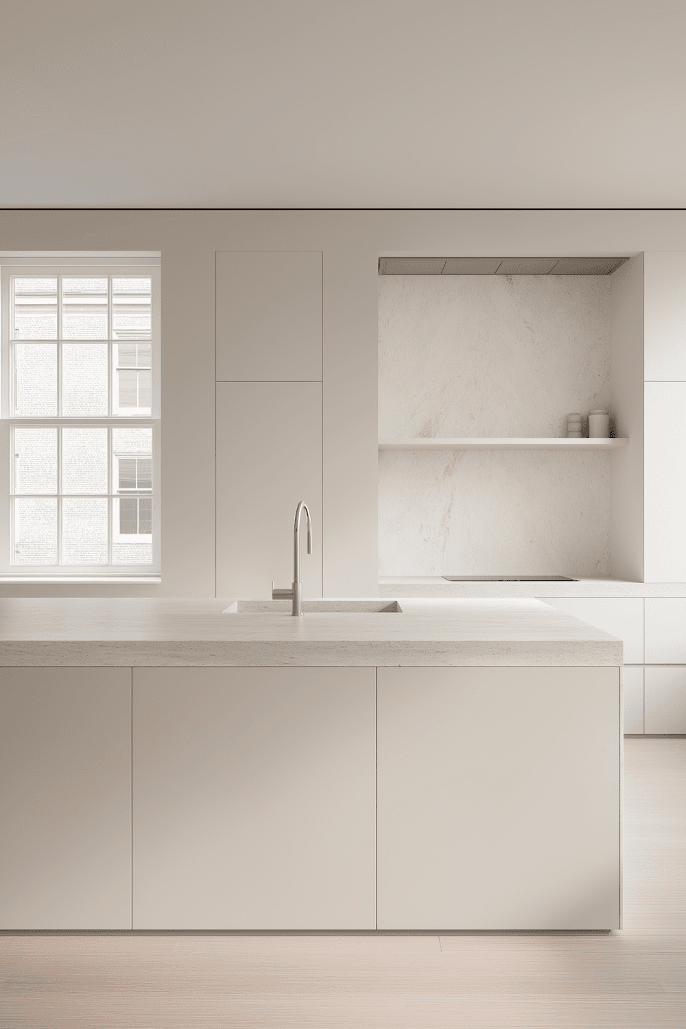 Minimal contemporary kitchen with a stone island in soft daylight