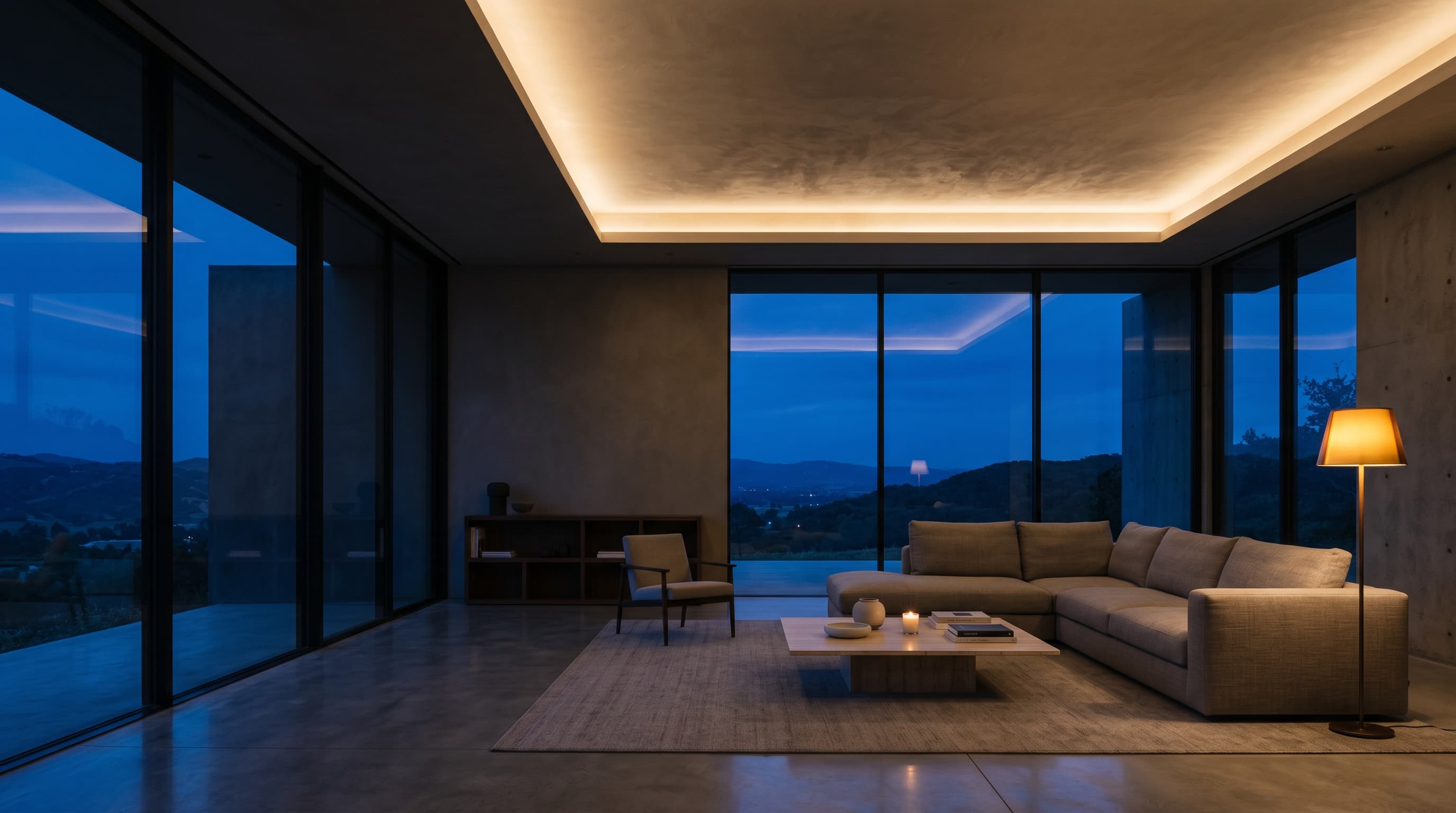 Contemporary living room at dusk with warm cove lighting and floor to ceiling glass